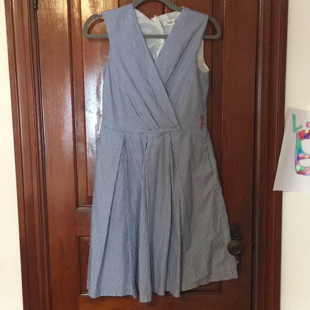 White and blue pinstripe striped dress